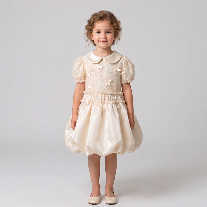 Puff Sleeve Bow Lace Dress for Girls
