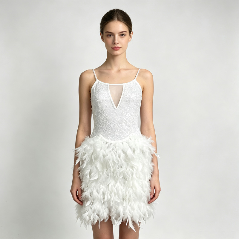 White Feather Mini Evening Dress for Ladies