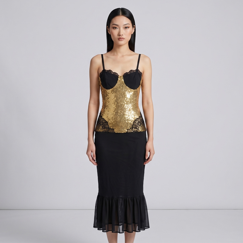 Stretch Gold Sequin Lace Cami Midi Dress