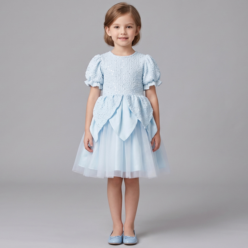 Baby Blue Foiled Puff Girl Party Dress